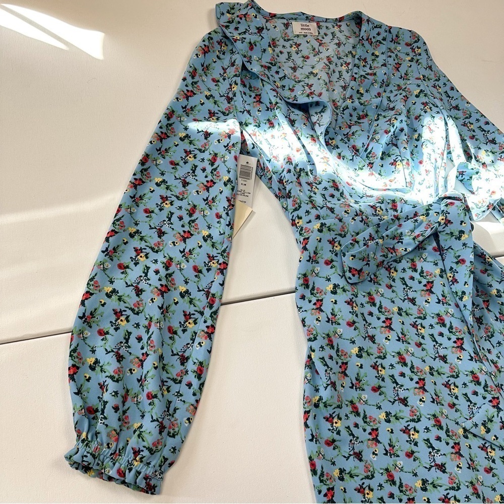 Little Moon Blue Elm Floral Wrap Midi Wrap Women Longsleeves Ruffle Dress Sz XXS - Picture 10 of 16